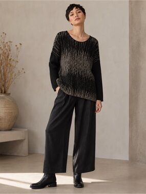 EILEEN FISHER WOMAN BLACK GRAY WOOL LINEN BLEND SCOOP NECK SWEATER TOP SZ 2X